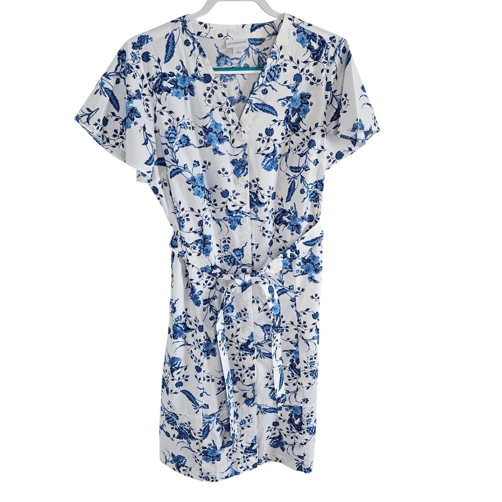 VTG Liz Claiborne Size L Shirt Dress Blue/White Tie Belt Floral Cotton Classic - Picture 1 of 11
